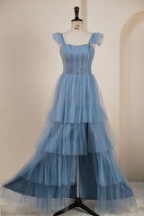 Dusty Blue Flutter Sleeves A-line Multi-Layers Long Prom Dress with Slit