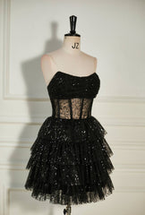 Black Sequined Strapless Multi-Layers Tulle Homecoming Dress