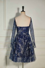 Dark Navy Sequined Long Sleeves A-line Homecoming Dress