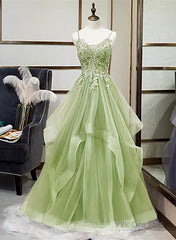 A-Line Tulle With Lace Applique Straps Long Party Dress, Green Tulle Prom Dress