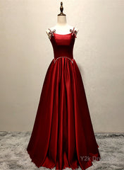 Wine Red Satin Straps Round Neckline Party Dress, Wine Red Long Prom Dress