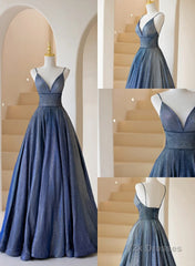 Blue V-Neckline Straps Low Back A-Line Prom Dress, Blue Long Evening Dress