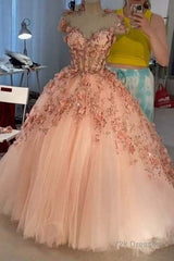 Princess Sparkly Sweetheart Prom Dresses with 3d Flowers, Pink Quinceanera Dresses