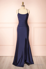 Sexy Mermaid Halter Sleeveless Navy Blue Long Prom Dresses