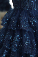 Dark Navy One Shoulder Appliques Multi-Layers Tulle Homecoming Dress