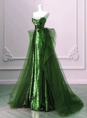 A-line Green Sequins and Tulle Long Prom Dress Green Evening Dress Formal Dress