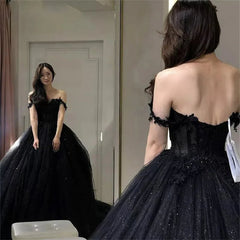 Black Prom Dresses Ball Gown Tulle Elegant Sleeveless Heart Shaped Neck Shiny Sequins