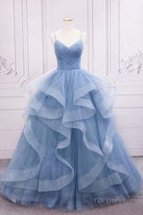 Shiny Blue Tulle A-Line Spaghetti Straps Long Prom Dresses