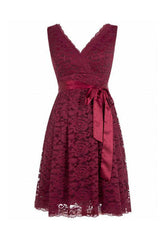 Short V Neck Burgundy Lace Bridesmaid Dress with Sash