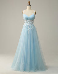 Sky Blue A-Line Spaghetti Straps Tulle Prom Dress With 3D Appliques