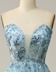 Sky Blue A-Line Tea Length Strapless Party Dress With Beading