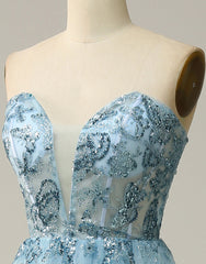 Sky Blue A-Line Tea Length Strapless Party Dress With Beading