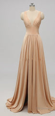 Elegant A-Line Sexy V Neck Gold Long Modest Side-Slit Bridesmaid Dress