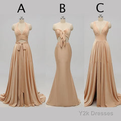 Elegant A-Line Sexy V Neck Gold Long Modest Side-Slit Bridesmaid Dress