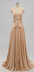 Elegant A-Line Sexy V Neck Gold Long Modest Side-Slit Bridesmaid Dress