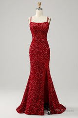 Red Sparkly Mermaid Backless Long Prom Dress with Fringes