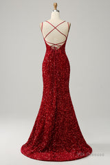 Red Sparkly Mermaid Backless Long Prom Dress with Fringes