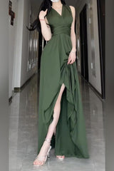 V Neck Halter Neck Green Dress