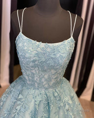 A Line Backless Lace Long Sky Blue Prom Dress, Backless Sky Blue Lace Formal Dress, Sky Blue Evening Dress