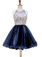 A-line Beaded Crystals Navy Blue Party Homecoming Dress