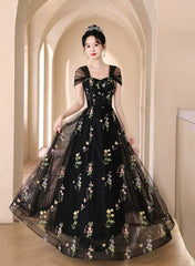 A-line Black Floral Tulle Floor Length Prom Dress, Off the Shoulder Evening Party Dress