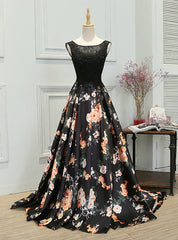 A-line Black Print Prom Dress