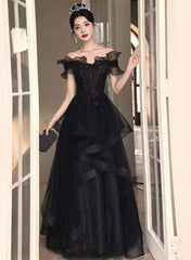 A-line Black Tulle and Lace Off Shoulder Party Dress, Black Long Formal Dress