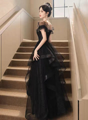 A-line Black Tulle and Lace Off Shoulder Party Dress, Black Long Formal Dress