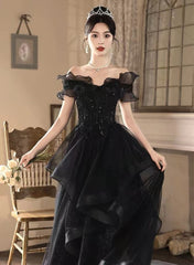 A-line Black Tulle and Lace Off Shoulder Party Dress, Black Long Formal Dress