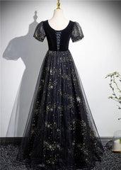 A-line Black Tulle and Velvet Long Party Dress, Black Prom Dress