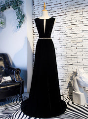 A-Line Black Velvet Backless Prom Dress With Beading