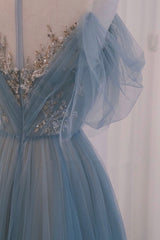 A-line Blue with Lace Applique Party Dress, Long Blue Formal Dress Prom Dress