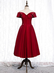 A-Line Burgundy Satin Off the Shoulder Short Tea Length Prom Dress