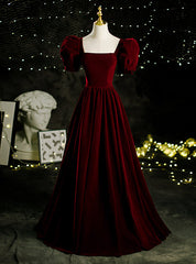 A-Line Burgundy Velvet Puff Sleeve Prom Dress