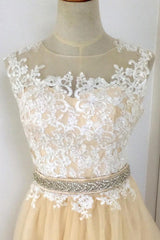 A-line Champagne with White Lace Round Neckline Party Dress, Beautiufl Wedding Party Dresses