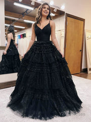 A-Line Deep V Neck Tiered Long Glitter Tulle Prom Dress