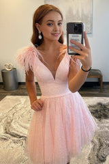 A-line Deep V Neck Tulle Homecoming Dress with Feathers