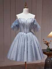 A-Line Gray Blue Tulle Short Prom Dress. Cute Gray Blue Homecoming Dress