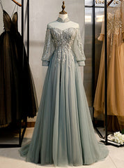 A-Line Gray Tulle Long Sleeve High Neck Backless Beading Prom Dress