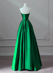 A-line Green Satin Lace-up Floor Length Party Dress, Green Satin Prom Dress