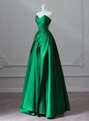 A-line Green Satin Lace-up Floor Length Party Dress, Green Satin Prom Dress