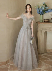 A-line Grey Shiny Tulle Off Shoulder Party Dress, Grey Beaded Prom Dress Evening Dress