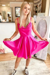 A Line Hot Pink Cowl Neck Lace-Up Short Homecoming Dress