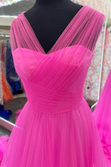 A line Illusion V Neck Layers Tulle Prom Dress