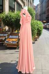 A-Line Light Coral Ruffled Flutter Sleeves Chiffon Bridesmaid Dress