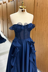 A Line Navy Blue Corset Ruffle Maxi Prom Dress