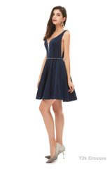 A-Line Navy Blue V-neck Mini Short Beading Homecoming Dresses k08