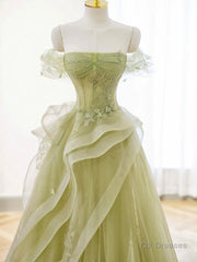 A-Line Off Shoulder Green Lace Long Prom Dress, Green Formal Dress