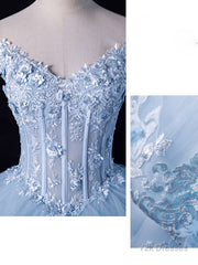 A-Line Off Shoulder Lace Tulle Blue Long Prom Dress, Blue Sweet 16 Dress