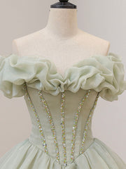 A-Line Off Shoulder Organza Green Short Prom Dress,Cute Homecoming Dress with Beads